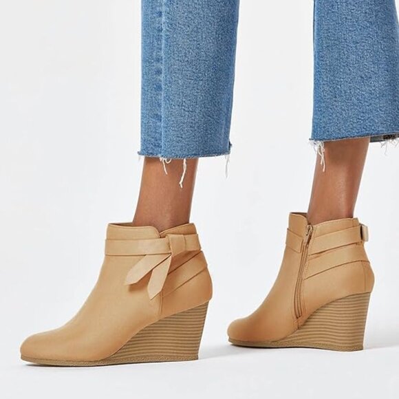 Womens Wedge Booties Fall Ankle Boots Tie Knot Stacked Heeled Side Zipper-Brown - Picture 2 of 5